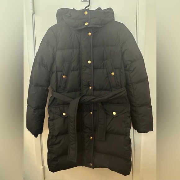 NWT J.Crew Long Belted Black Hooded Puffer Coat Goose Down Jacket Petite Medium - Picture 1 of 16